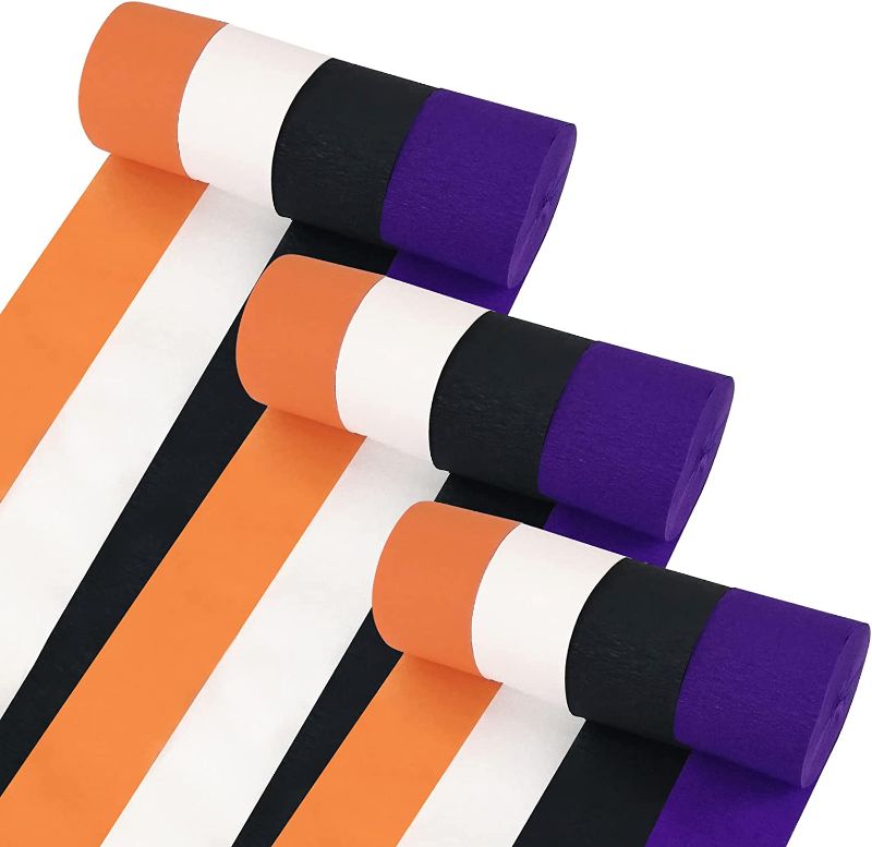 Photo 1 of 12 Rolls 984ft Totally Halloween Crepe Paper Streamers, Black White Purple and Orange Crepe Paper Roll for Halloween Party Decorations
