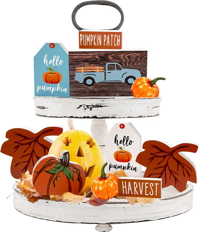 Photo 1 of 10PCS Fall Tiered Tray Decor,Fall Decor,Thanksgiving Tiered Tray Decor,Halloween Decorations,Farmhouse Wood Signs Fall Harvest Pumpkin Maple Leaves Table Signs for Tier Tray Decor Home Kitchen Shelf
