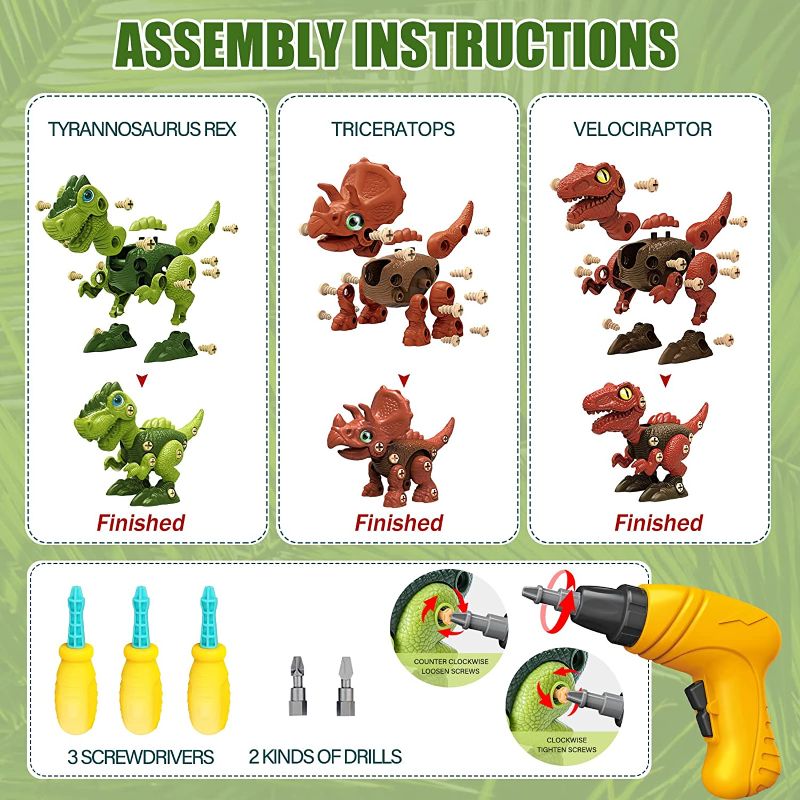 Photo 4 of 3 Pcs Take Apart Dinosaur Toys for 3 4 5 6 7 Year Old Boys Birthday Gifts with Dinosaur Eggs, Kids STEM Toys Dinosaur Toys for Kids 3-5 5-7 with Electric Drill
