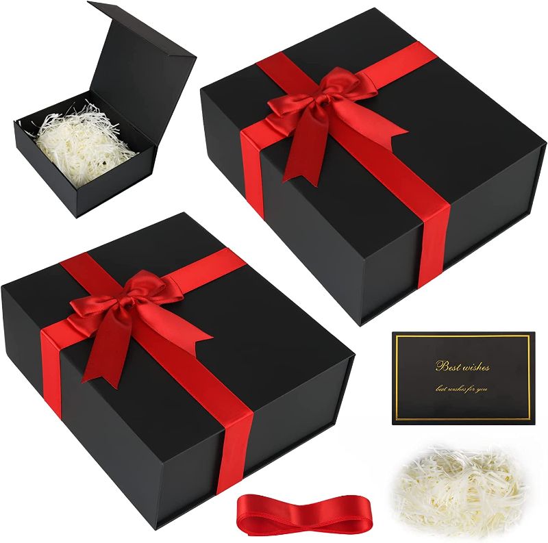 Photo 1 of ZHMM Gift Box 8 x 7 x 3 Inches, Large Black Gift Box with Lid, Collapsible Bridesmaid Groomsmen Proposal Box with Magnetic Lid for Presents Contains Card, Ribbon, Shredded Paper Filler Gift Box for Christmas, Hanukkah, Fathers Day, Graduations, Weddings, 