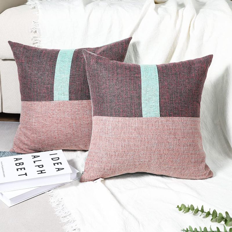 Photo 1 of 
Howdy Deco Pack of 2 Decorative Linen Throw Pillow Covers Soft Solid Patchwork Square Pillow Cases for Couch Sofa Bedroom, 18x18Inch, Pink and Purple