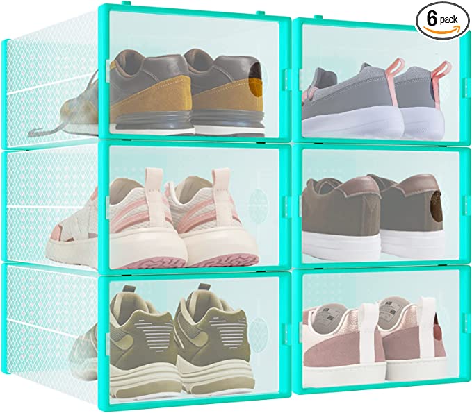Photo 1 of 6-Pack Shoe Storage Boxes, Shoes Organizer for Closet, Clear Plastic Stackable Shoe Containers in 7 Sizes/Colors, Clear Shoe Boxes Stackable & Foldable for Sneaker Storage, Fits Shoes up to Size 10