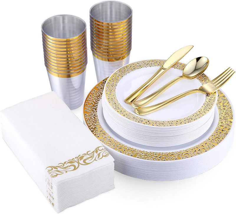 Photo 1 of 175 Piece Gold Dinnerware Set 25 Guest-50 Gold Lace Plastic Plates-25 Gold Plastic Silverware-25 Gold Plastic Cups-25 Linen Like Gold Paper Napkins, FOCUSLINE Disposable Dinnerware Set
