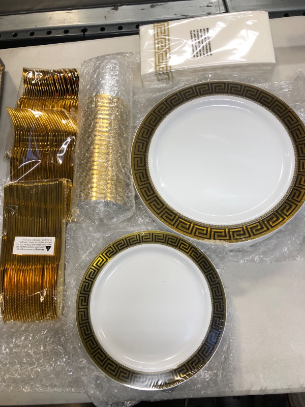 Photo 3 of 175 Piece Gold Dinnerware Set 25 Guest-50 Gold Lace Plastic Plates-25 Gold Plastic Silverware-25 Gold Plastic Cups-25 Linen Like Gold Paper Napkins, FOCUSLINE Disposable Dinnerware Set
