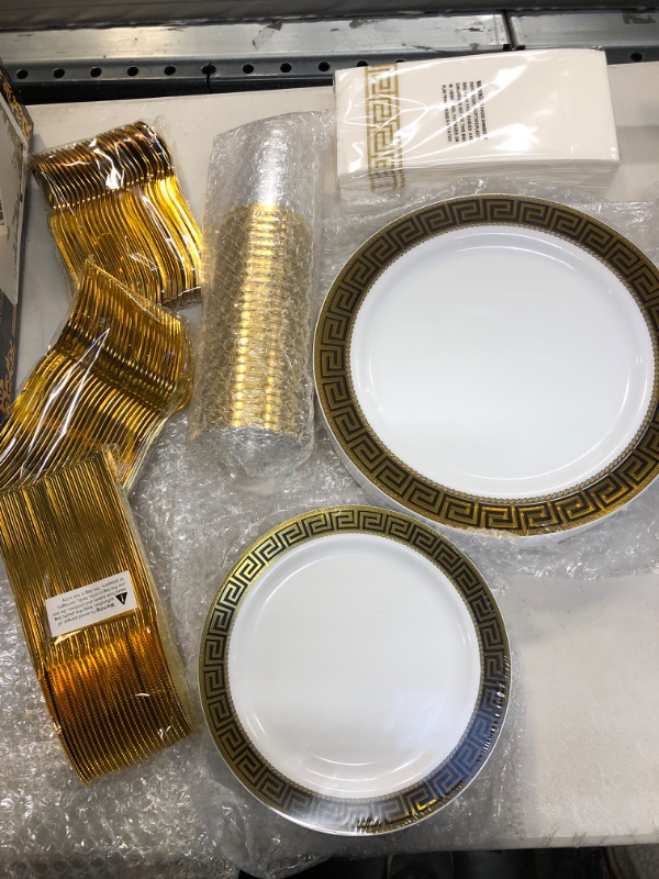 Photo 2 of 175 Piece Gold Dinnerware Set 25 Guest-50 Gold Lace Plastic Plates-25 Gold Plastic Silverware-25 Gold Plastic Cups-25 Linen Like Gold Paper Napkins, FOCUSLINE Disposable Dinnerware Set
