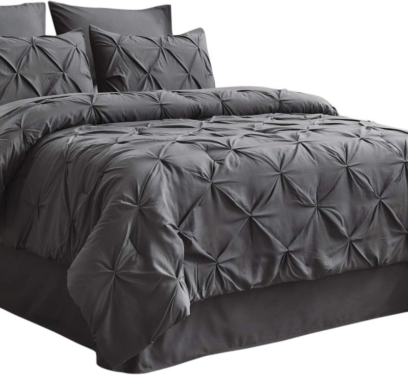 Photo 1 of BEDSURE King Size Comforter Set - Bedding Set King 8 Pieces, Pintuck Bed in a Bag Dark Grey Bed Set with Comforters, Sheets & Skirt, Pillowcases & Shams
