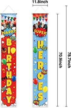 Photo 2 of Allenjoy Happy Birthday Superhero Themed Porch Sign Super City Skyline Buildings Children Bday Party Event Yard Banner Decorations Home Wall Outdoor Indoor Photo Supplies Polyester 11.8x70.9 Inch 2PC