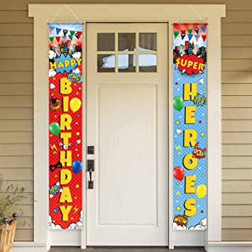 Photo 1 of Allenjoy Happy Birthday Superhero Themed Porch Sign Super City Skyline Buildings Children Bday Party Event Yard Banner Decorations Home Wall Outdoor Indoor Photo Supplies Polyester 11.8x70.9 Inch 2PC