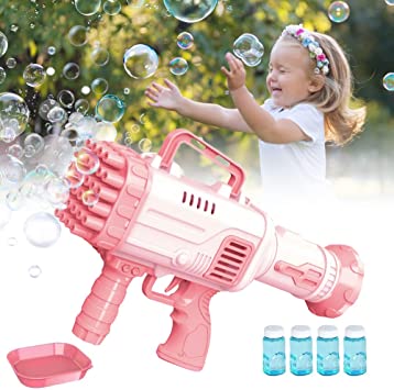 Photo 1 of 34 Hole Gatling Automatic Bubble Gun ?Rocket Boom Bubble Gun? Bubble Bazooka Gun?Indoor Outdoor Party Wedding Social Outing ? Electric Automatic Bubble MachineToys Gifts for Boys and Girls. (Pink)