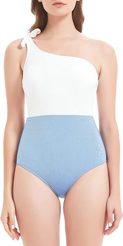 Photo 1 of Annbon Women's Ribbed One Piece Swimsuit Color Block One Shoulder Bowknot Bathing Suit
XS