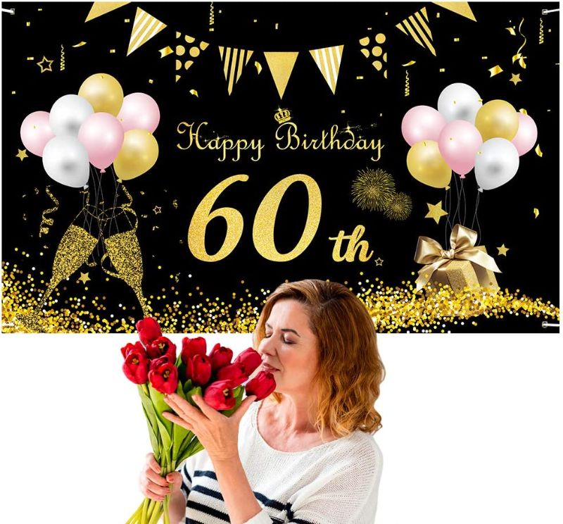 Photo 1 of 60th Birthday Decoration for Women and Men, 60th anniversary photo backdrop decorations large Black Gold Sign Poster 60th Birthday Party Supplies, 60th Anniversary Backdrop Banner Photo Booth Backdrop Background Banner
