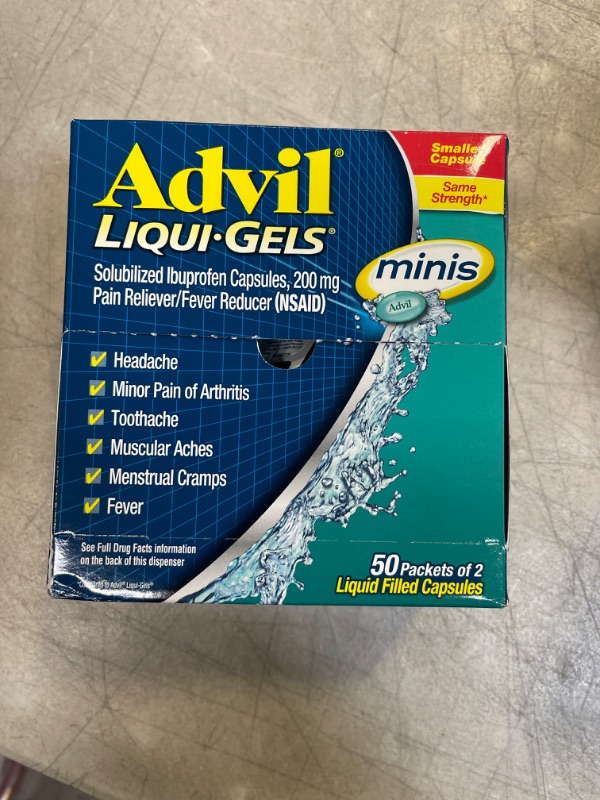 Photo 2 of Advil Liqui-Gels minis Pain Reliever and Fever Reducer, Pain Medicine for Adults with Ibuprofen 200mg for Pain Relief - 50x2 Liquid Filled Capsules 2 Count (Pack of 50)
EXP 03/23