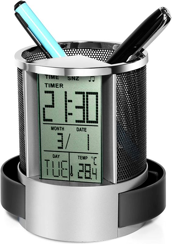 Photo 1 of Adadmei Pencil Holder, Upgraded Mesh Stainless Steel Pen Holder with Alarm Clock, Multifunctional Pen Organizer Storage for Office, School, Home Supplies or Birthday Gifts

