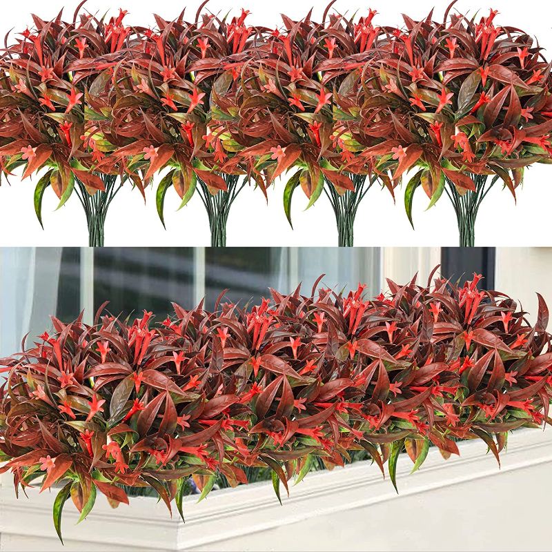 Photo 1 of 6 Pcs Artificial Flowers for Outdoor, Fall Flowers UV Resistant Plastic Fake Flowers Morning Glory Shrub Greenery Faux Flowers for Porch Hanging Planter Window Garden Farmhouse Home Decor (Orange Red)
