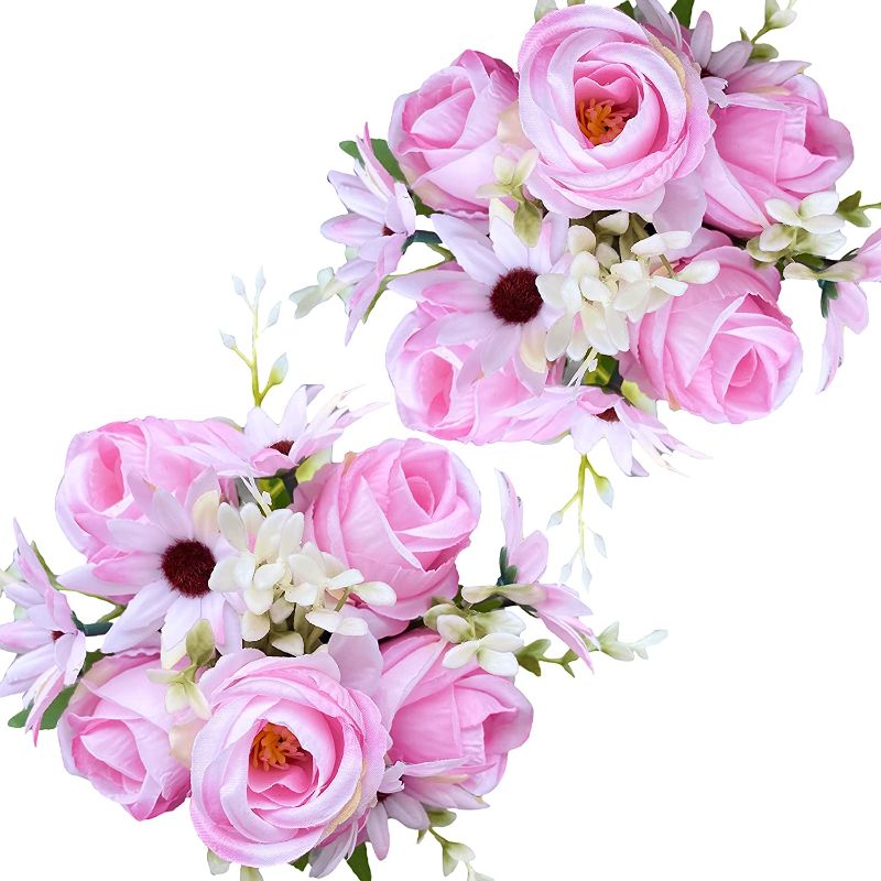 Photo 1 of ?? Artificial Flower, 2Pcs Rose Bouquets Daisy Leaves Fabric Silk Plastic Floral Bouquets Wedding Arrangements Table Centerpieces Home Festivals Party Decor Photograph Props (Pink), 9.85*13.00 inch
