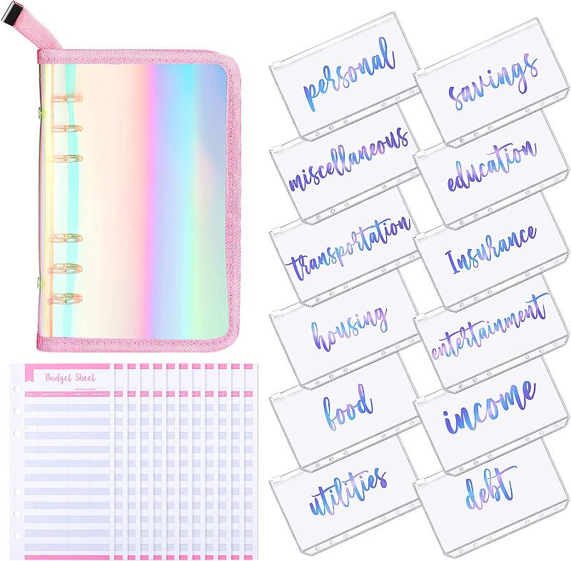 Photo 1 of 25 Pieces Rainbow PVC Notebook Cover A6 Binder Folders Zipper Budget Envelopes 6-Ring PVC Planner Organizer with 12 Categories Binder Zipper Pockets Budget Sheets for Bill Planner
