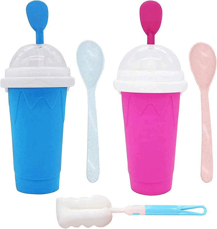 Photo 1 of 2PCS Slushy Maker Cup Quick Frozen Magic Smoothies Cup Slushie Cup Slushy Maker Cup Travel Double Layer Silica Cup Portable DIY Homemade Ice Cream for Children and Family (4.2*8.2Inch), BLUE+PINK
