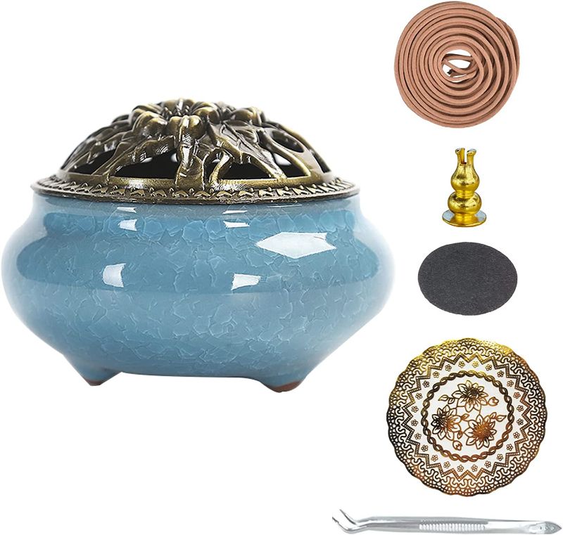 Photo 1 of 2022 Upgrade Ceramic Incense Burner with 10 Incense Coils, Incense Stick Holder, Fireproof Cotton, Tweezers and Mat, Home Decration for Bedroom, Yoga Room, Living Room
