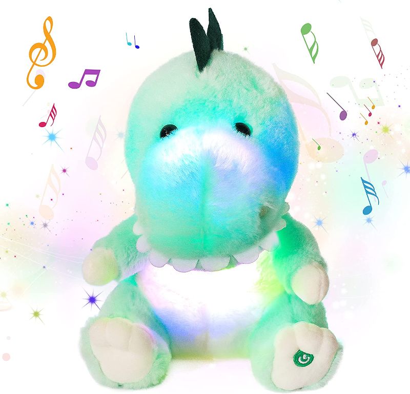 Photo 1 of Cuteoy Musical LED Green T-Rex Stuffed Animal Light up Dinosaur Light Up Plush Toy Soft Lullaby Gift for Kids Toddlers on Birthday, 11 Inches  -- FACTORY SEALED --
