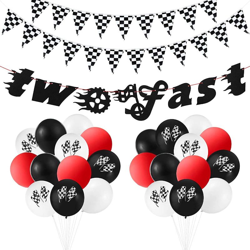 Photo 1 of BeYumi Race Car Two Fast Birthday Decorations Party Supplies with Black and White Checkered Triangle Flags Pennants Banner Latex Balloons for Kids Boys Let’s Go Racing Theme 2nd Birthday Sports Event  -- FACTORY SEALED --
