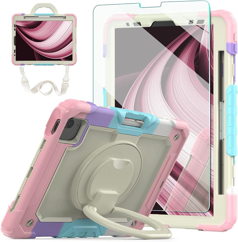 Photo 1 of Ambison iPad Air 5th Generation Case 2022 with 9H Tempered Glass Screen Protector, iPad Air 10.9 inch/360° Rotating Kickstand/Pencil Holder/Protection Shockproof Case for iPad Air 5, Colourful Pink
