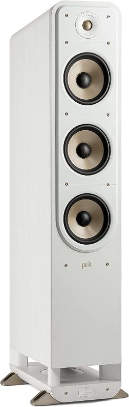 Photo 1 of Polk Signature Elite ES60 Tower Speaker - Hi-Res Audio Certified and Dolby Atmos & DTS:X Compatible, 1" Tweeter & Three 6.5" Woofers, Power Port Technology for Effortless Bass, Elegant White-Washed **MISSING CORD UNABLE TO PROPERLY TEST** 
