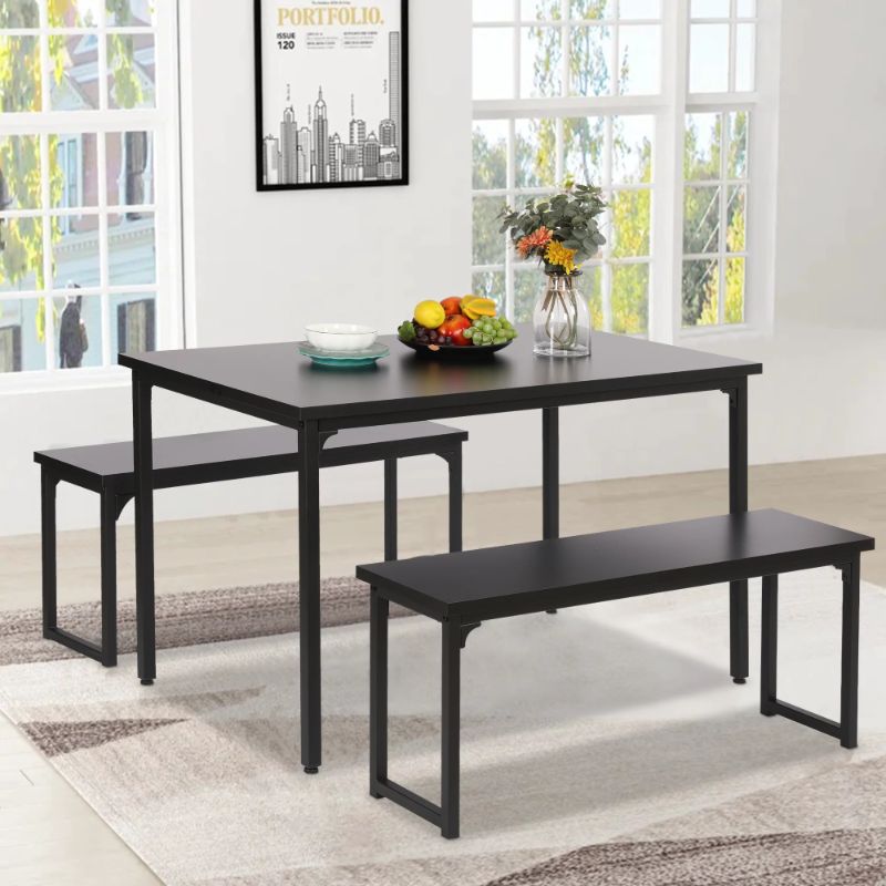 Photo 1 of 3 Piece Dining Table Set, Modern Style Wood Table Top Dining Table Set with Bench and Metal Frame, Breakfast Nook Dining Room Set, Dining Set for 4, Kitchen Living Dining Room Furniture, Black, W13612 **FOR PARTS ONLY** 

