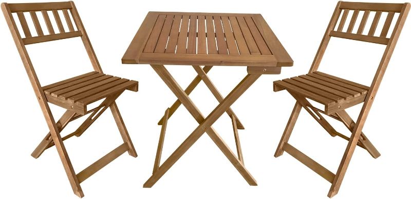 Photo 1 of 3-Piece Acacia Wood Folding Patio Bistro Set Outdoor Bistro Set Table and Chairs Set with 2 Chairs and Square Table for Pool Beach Backyard Balcony Porch Deck Garden Wooden Furniture, Natural

