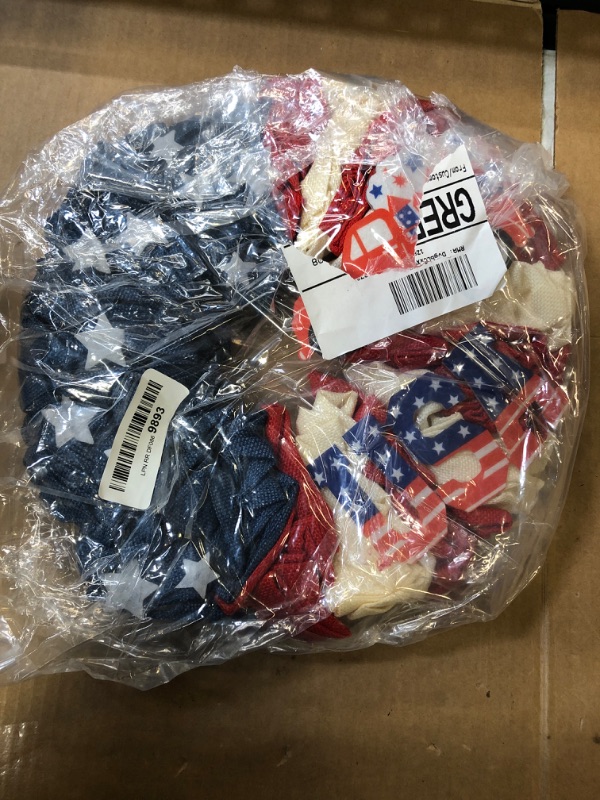 Photo 1 of 4th of July Wreath Decoration, 14 Inch Burlap Wreath with 3D Stars USA & Car for Front Door Farmhouse, Stars and Stripes Wreath Patriotic Decoration for Independence Day Memorial Day Presidents Day
