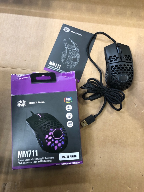 Photo 2 of Cooler Master MM711 RGB-LED Lightweight 60g Wired Gaming Mouse - 16000 DPI Optical Sensor, 20 Million Click Omron Switches, Smooth Glide PTFE Feet, and Ambidextrous Honeycomb Shell - Matte Black MM711 Black