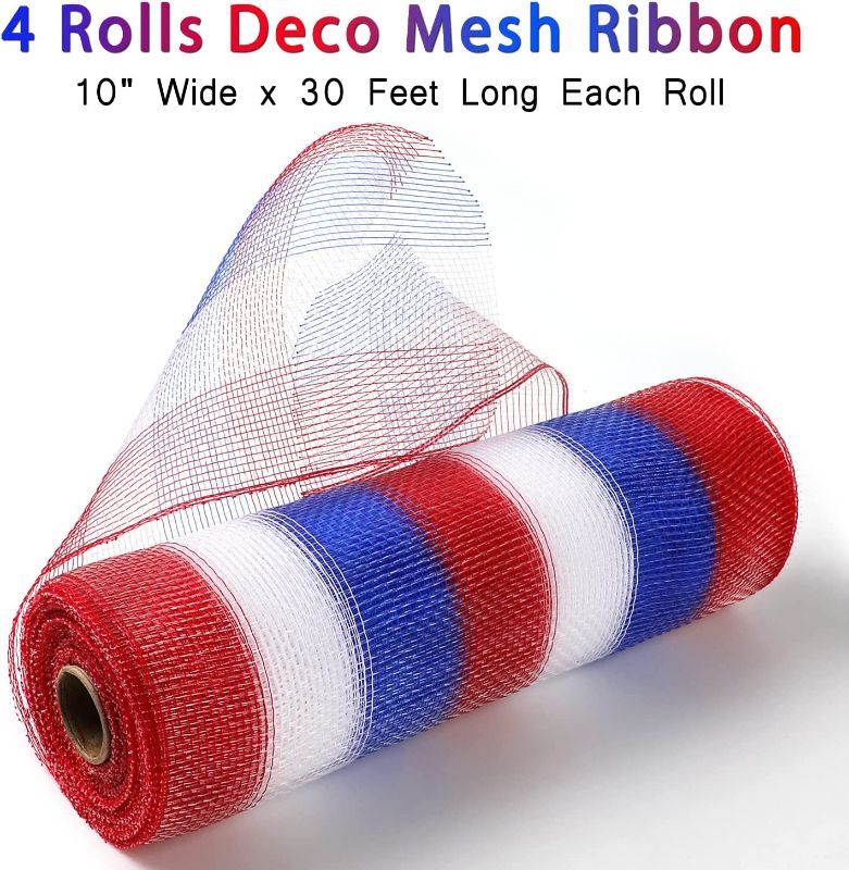 Photo 2 of 4 Rolls 4th of July Patriotic Deco Mesh Ribbon 10 inch x 30 feet Each Roll, Independence Day Ribbon Poly Mesh Metallic Foil Ribbon for Wreath Decoration DIY Crafts Making Supplies

