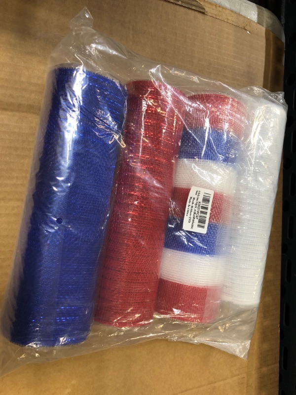 Photo 3 of 4 Rolls 4th of July Patriotic Deco Mesh Ribbon 10 inch x 30 feet Each Roll, Independence Day Ribbon Poly Mesh Metallic Foil Ribbon for Wreath Decoration DIY Crafts Making Supplies
