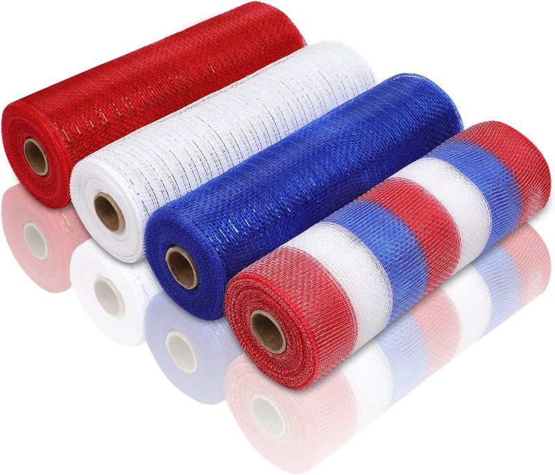 Photo 1 of 4 Rolls 4th of July Patriotic Deco Mesh Ribbon 10 inch x 30 feet Each Roll, Independence Day Ribbon Poly Mesh Metallic Foil Ribbon for Wreath Decoration DIY Crafts Making Supplies
