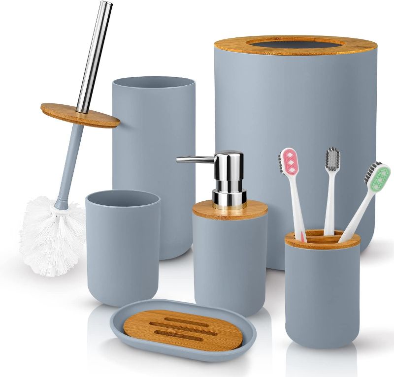 Photo 1 of 6 Pcs Bamboo and Plastic Bathroom Accessories Sets, Includes Toothbrush Cup, Toothbrush Holder, Soap Dispenser, Soap Dish, Toilet Brush with Holder, Trash Can, with 3 Pcs Toothbrushes (Grey) -- FACTORY PACKAGED 
