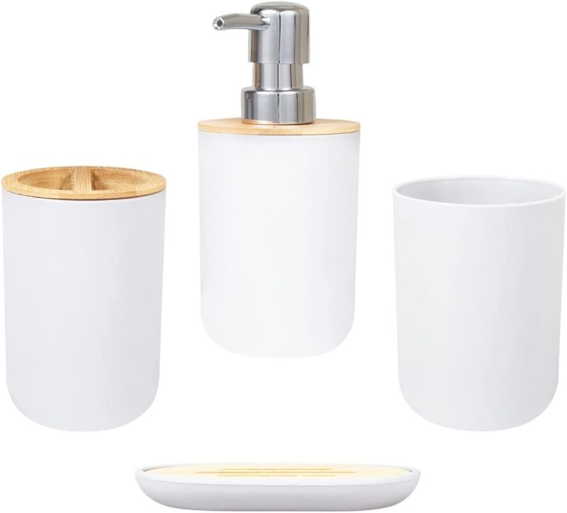 Photo 1 of Bathroom Accessories Set - 4 Pcs Bamboo Bathroom Sets, Soap Dispenser Toothbrush Holder Toothbrush Cup Draining Soap Dish for Shower Laundry Room Washroom Countertop Kitchen Sink, White
