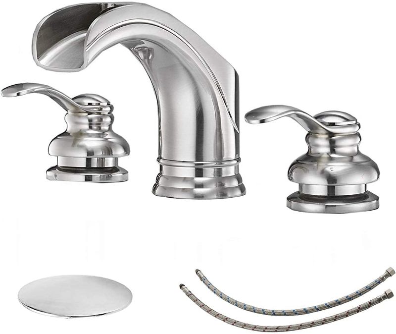 Photo 1 of Bathfinesse Two Handle Bathroom Faucet Brushed Nickel Waterfall 8-16 Inch Widespread Faucets for Sink 3 Holes Basin Matching Pop Up Drain Assembly with Overflow Supply Hose Lead-Free
