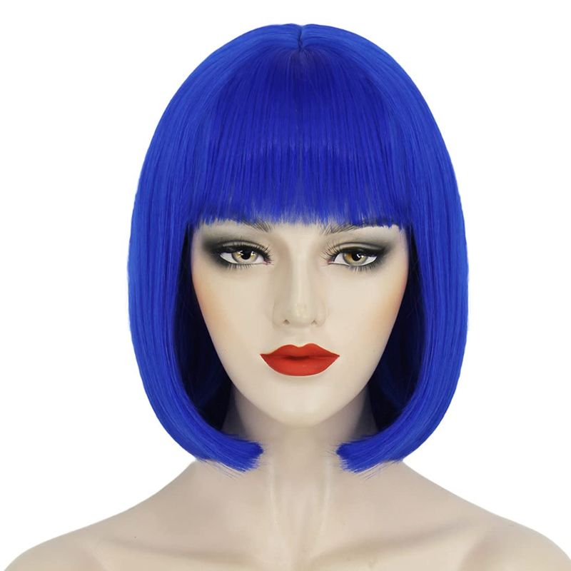 Photo 1 of Bopocoko Blue Wigs for Women Costume 12'' Short Blue Bob Hair Wig with Bangs, Natural Synthetic Wig with Realistic Scalp, Cute Wigs for Party Halloween BU239DBL

