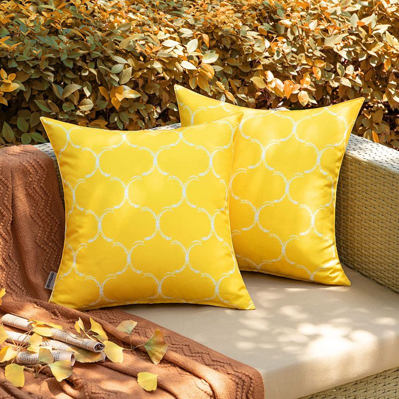 Photo 1 of ANRODUO Pack of 2 Outdoor Waterproof Throw Pillow Covers Solid Decorative Garden Cushion Sham Outside Lumbar Pillowcase for Patio Balcony Bench Couch 18 x 18 Inch Yellow
