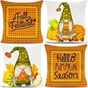 Photo 1 of 4 Pcs 18x18 Buffalo Plaid Pumpkin Gnomes Print Pillow Case for Thanksgiving Decorations Cotton Line Sofa Couch Throw Pillow Covers for Home Harvest Decor