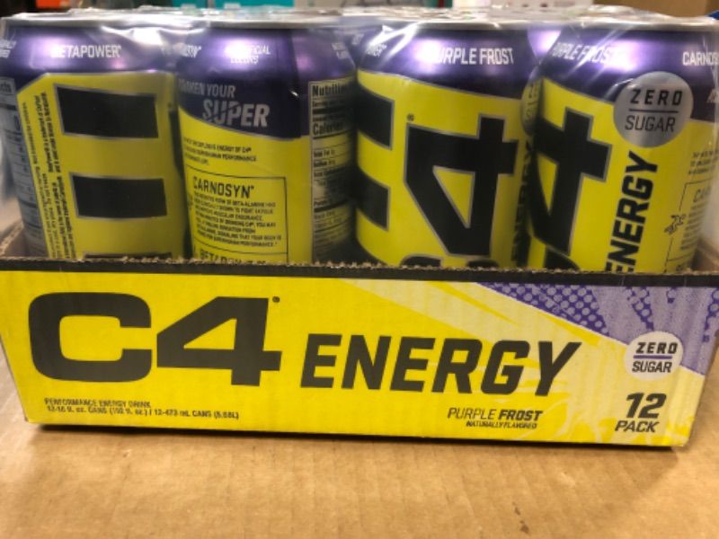 Photo 2 of C4 Energy Carbonated Zero Sugar Energy Drink, Pre Workout Drink + Beta Alanine, Purple Frost, 16 Fl Oz (Pack of 12) Purple Frost 16 Fl Oz (Pack of 12)---exp date 02-2024