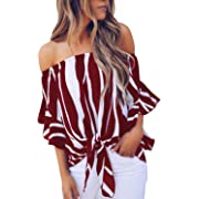 Photo 1 of Bdcoco Womens Stripe Printed Off The Shoulder Tops Tie Knot 3 4 Flare Sleeve Blouse Shirts
XL