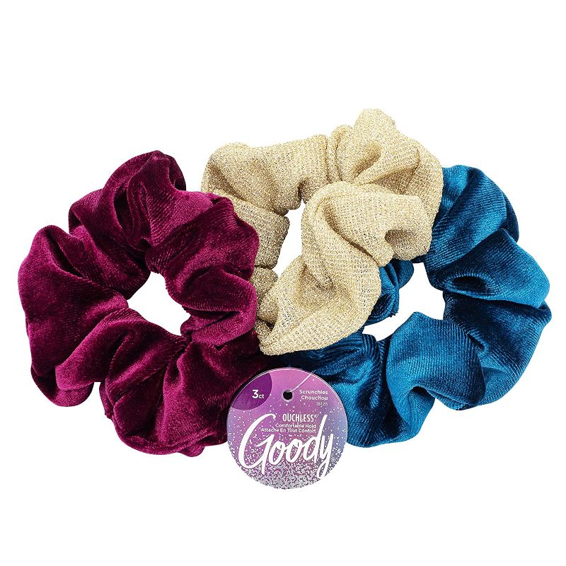 Photo 1 of 3 COUNT GOODY Holiday Ball Scrunchies Assorted, Hair Accessories for Men, Women, Boys & Girls to Style with Ease & Keep Your Hair Secured for All Hair Types, Burgundy, Gold, Green, 3 Count