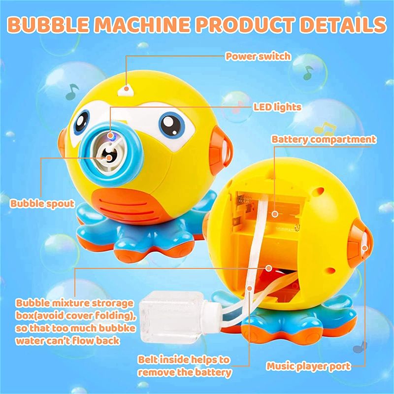 Photo 2 of Bubble Machine Octopus Automatic Blower with Music and Lights, Maker Splash-Proof Design 160ml Liquid, 3000+Bubbles Per Minute, Suitable for PartyPicnicWedding, Yellow, Medium-001