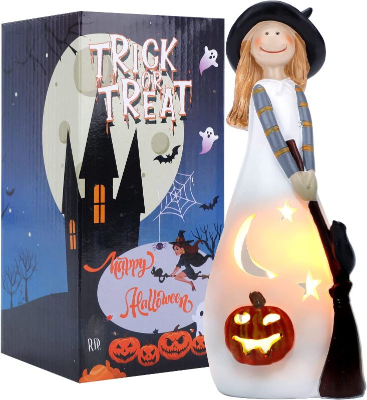 Photo 1 of Bearae Witch Halloween Decorations, Pumpkins Fall Decor, Witch Hat Decor, Ghost Statue, Witch Candle Holder with Flickering Led Candle, Cute Collectible Figurines for Home, Party and Holiday