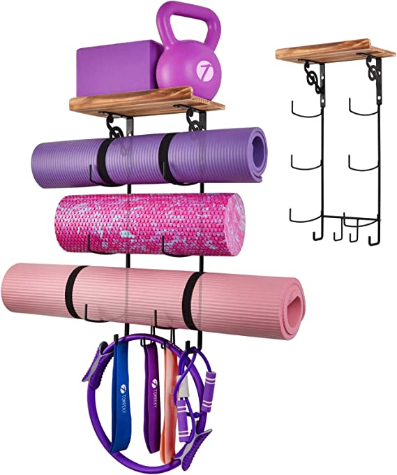 Photo 1 of Yoga Mat Holder Wall Mount Home GYM Storage Accessories Rack Workout Home Equipment Yoga Mat storage with Solid Wood Shelf and 4 Hooks for GYM decor kettle bell Bag Organizer