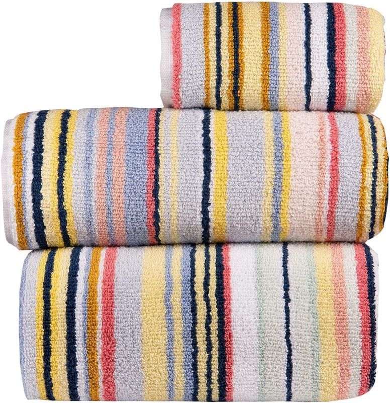 Photo 1 of Bath Towel Set, 1 Bath Towel, 1 Hand Towel, and 1 Face Towel (Fingertip Towel), Colored Striped Design, 490 GSM Ring Spun Cotton, Highly Absorbent (3-Pieces)