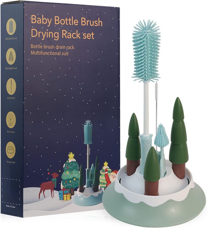 Photo 1 of Augensterm Baby Bottle Brush and Drying Rack Set with Bottle Cleaner Brush and Christmas Tree Bottle Drying Rack, Gift for Baby Registry or New Parents, Blue