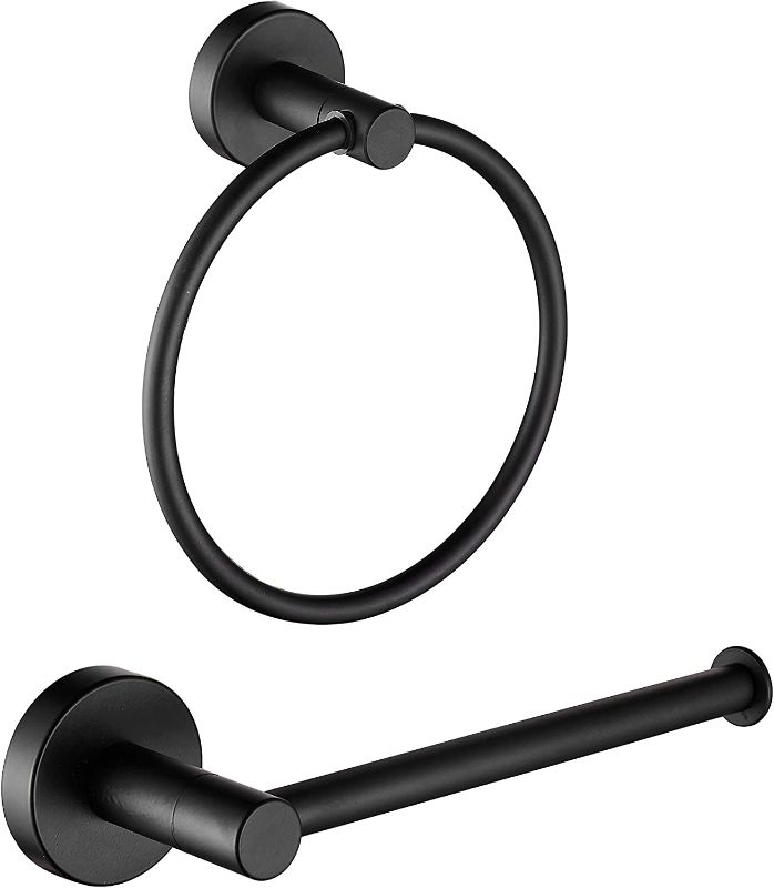 Photo 1 of  Black Towel Ring Round Towel Holder with Black Open Arm Toilet Paper Holder - Stainless Steel Wall Mount Bathroom Hardware in Matte Black Finished