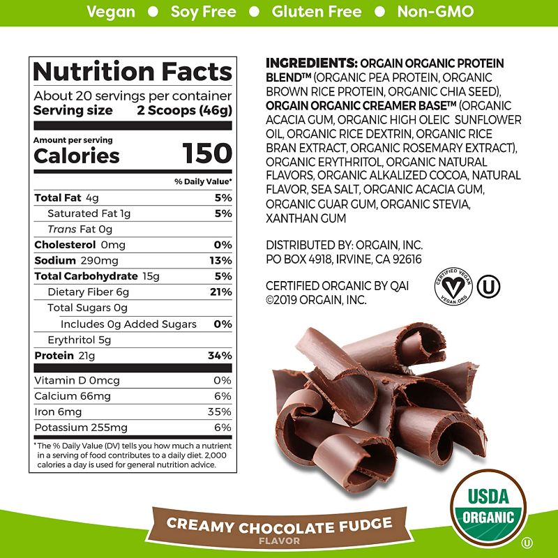 Photo 2 of Orgain Organic Plant Based Protein Powder, Creamy Chocolate Fudge - Vegan, Low Net Carbs, Non Dairy, Gluten Free, Lactose Free, No Sugar Added, Soy Free, Kosher, 2.03 Pound (Packaging May Vary)
EXP 03/09/23