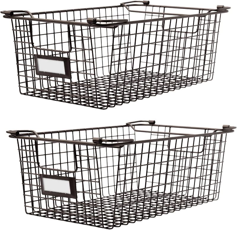 Photo 1 of 2 Pack Stackable Wire Storage Baskets With Handles, For Kitchen, Bathroom, Cabinets, Cupboards, Counter Top - Freezer & Pantry Organizer Bins, For Snacks, Drinks, Potatoes, Onions, Meat(Brown-XL)
Color: Brown-middle-2

